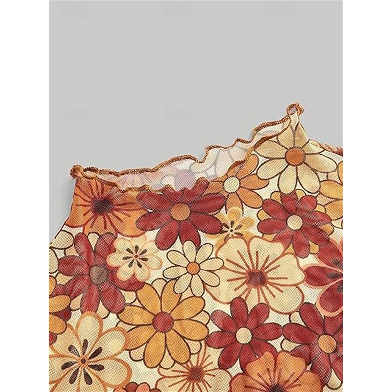 1970s Outfits for Women Bell Sleeve Tops Disco Outfit Floral Mock Neck Mesh Top3