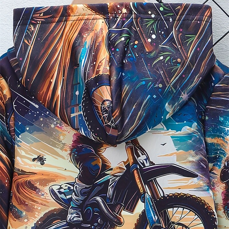 Boys 3D Graphic Motorcycle Hoodie Long Sleeve Fall Winter Fashion Basic Kids 4-12 Years Hooded Outdoor Casual Daily Regular Fit4