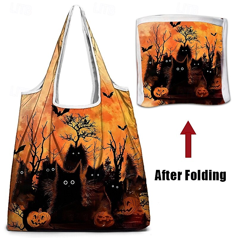 Halloween-Themed Tote Bag with Black Cat and Pumpkin Print - Large Reusable Shopping Bag for Festive Fall Occasions3