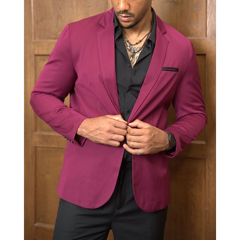 Men's Blazer Business Cocktail Party Wedding Party Fashion Casual Spring & Fall 65% Cotton Color Block Pocket Buttons Comfortable Single Breasted Blazer Burgundy 5