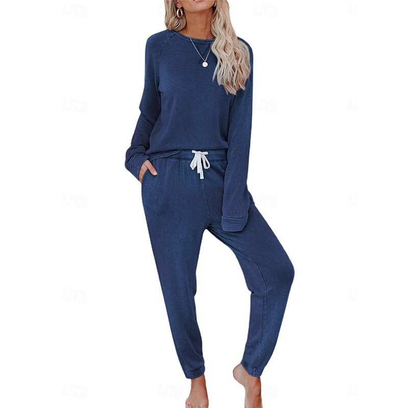 Women's Pajamas Sets Pure Color Fashion Basic Comfort Home Daily Bed Breathable Crew Neck Long Sleeve Pant Pocket Elastic Waist Fall Winter Home Outfits4