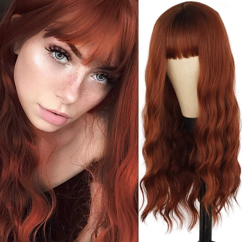 Long Wig with Bangs,Natural Long Curly Ginger Wigs for Women,Synthetic Cosplay Party3
