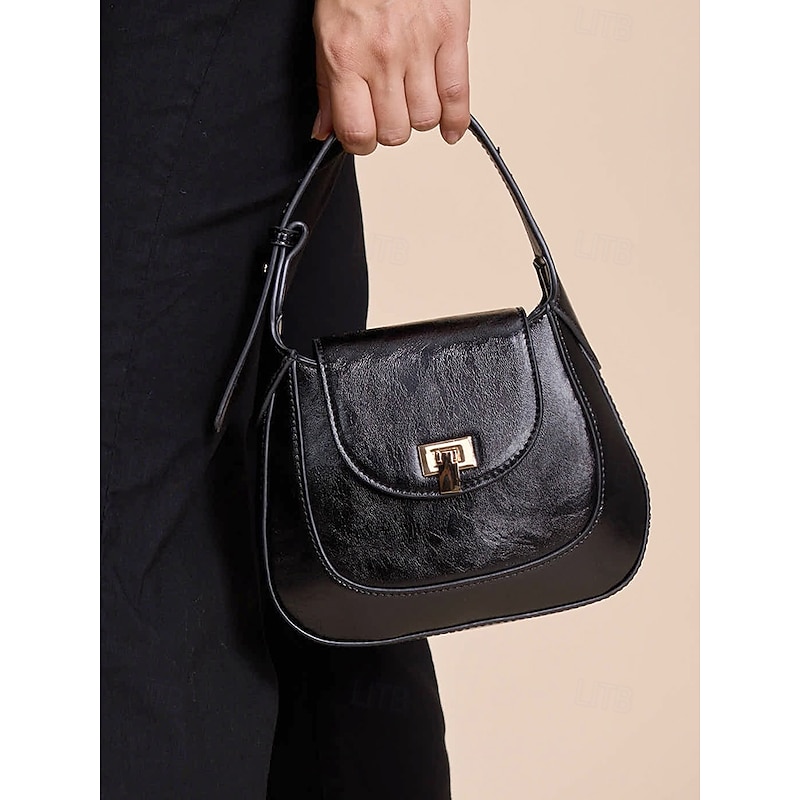 Women's Classic Black Leather Handbag - Elegant Flap Closure with Gold-Tone Hardware, Perfect for Professional and Evening Wear