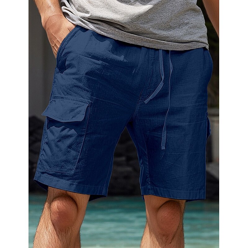 Men's Shorts Linen Shorts Summer Shorts Front Pocket Straight Leg Cargo Pocket Plain Comfort Breathable Knee Length Outdoor Vacation Party Fashion Basic White Navy Blue4