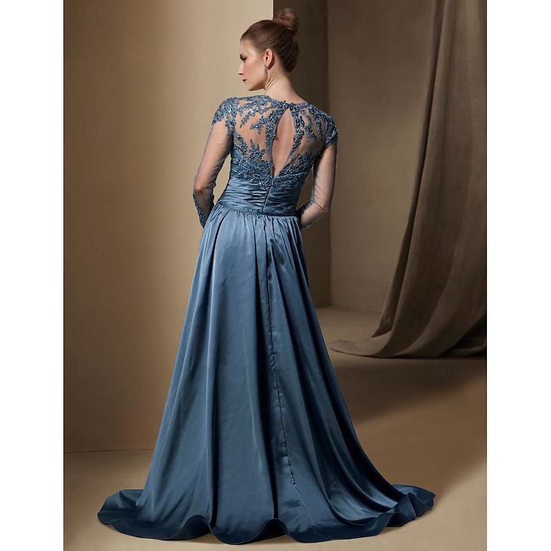 Mermaid Chrismas Dress Mother of the Bride Dress Wedding Guest Elegant Jewel Neck Sweep / Brush Train Stretch Satin Long Sleeve with Lace Sequin Ruching dress to impress2