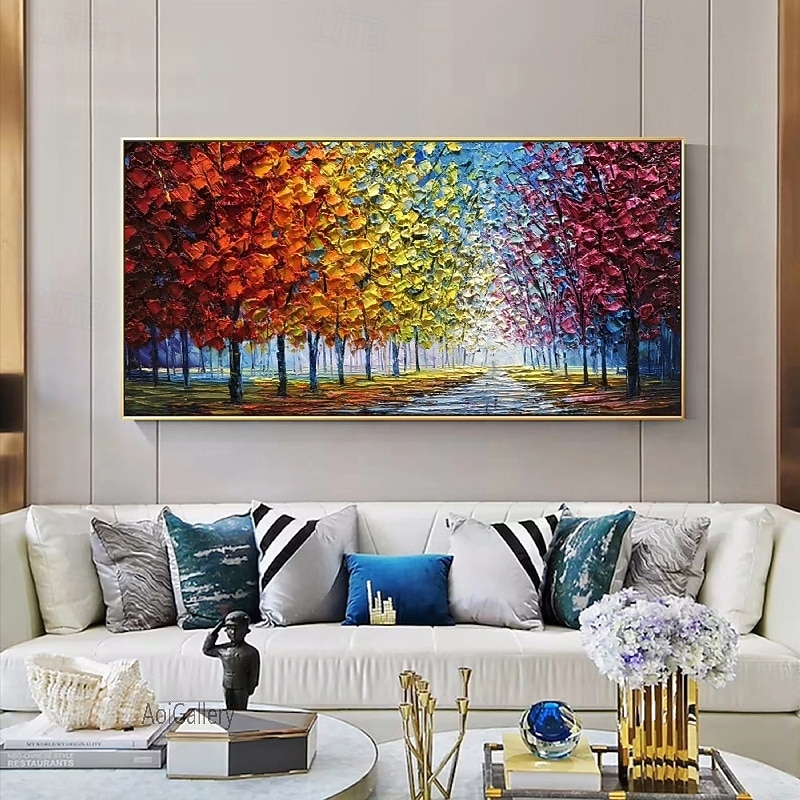 Large hand paiinted Tree Oil Painting On Canvas handmade Colorful Forest Autumn Painting for Living Room Art Hand-painted Heavy Textured Impasto Painting3