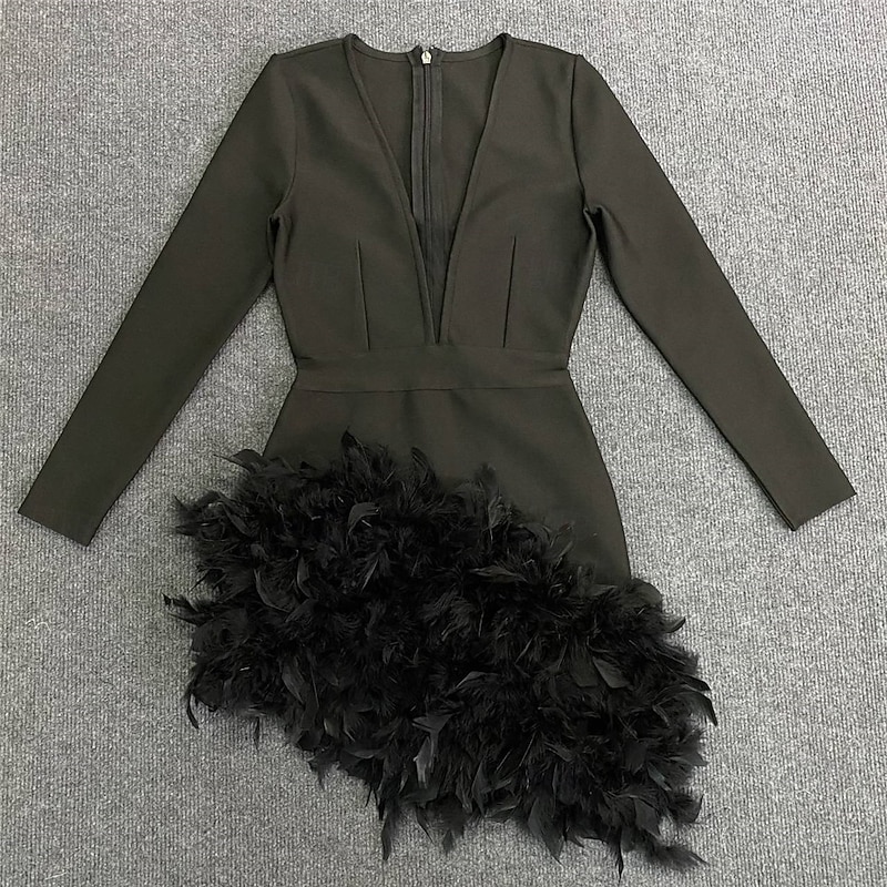 Sheath Homecoming Dresses Elegant Dress Holiday Homecoming Short / Mini Long Sleeve V Neck Polyester with Feather  dress to impress2