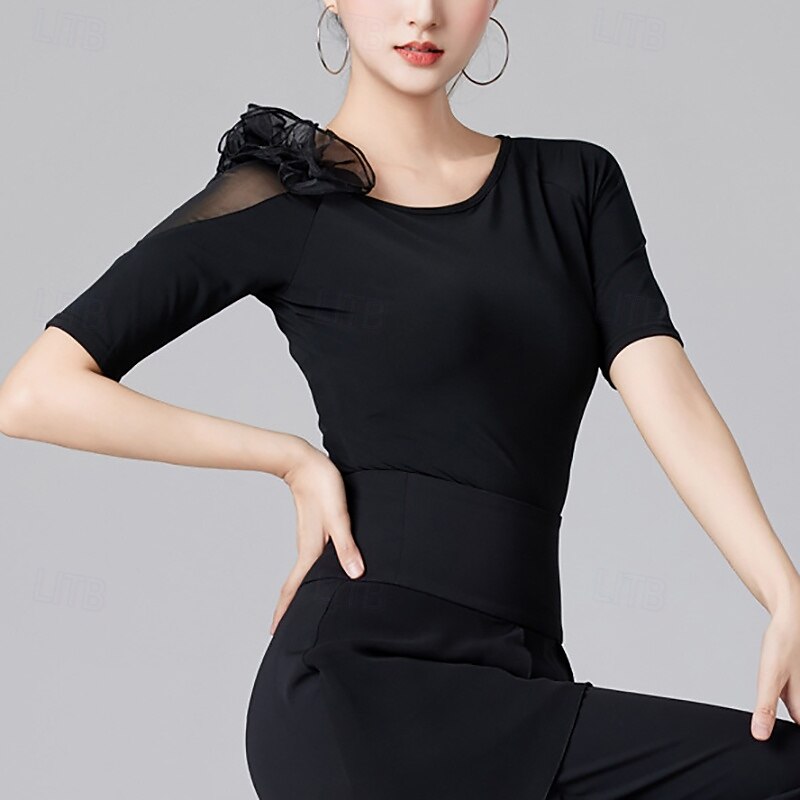 Latin Dance Top Pure Color Ruffle Splicing Women's Performance Training Short Sleeve High Polyester2