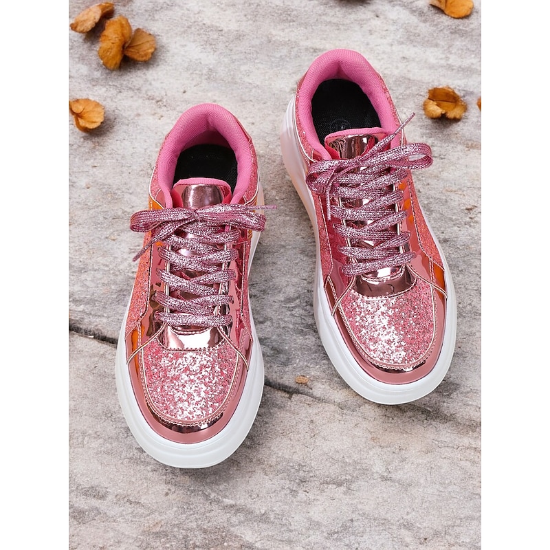 Women's Silver Glitter and Metallic Sneakers – Trendy Lace-Up Shoes for Parties and Casual Wear3