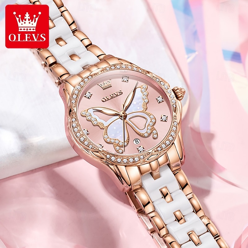 OLEVS 5610 Women's Watches Elegant Fashion Rhinestone Bezel Ceramic Strap Wristwatch Waterproof Luminous Automatic Watch3