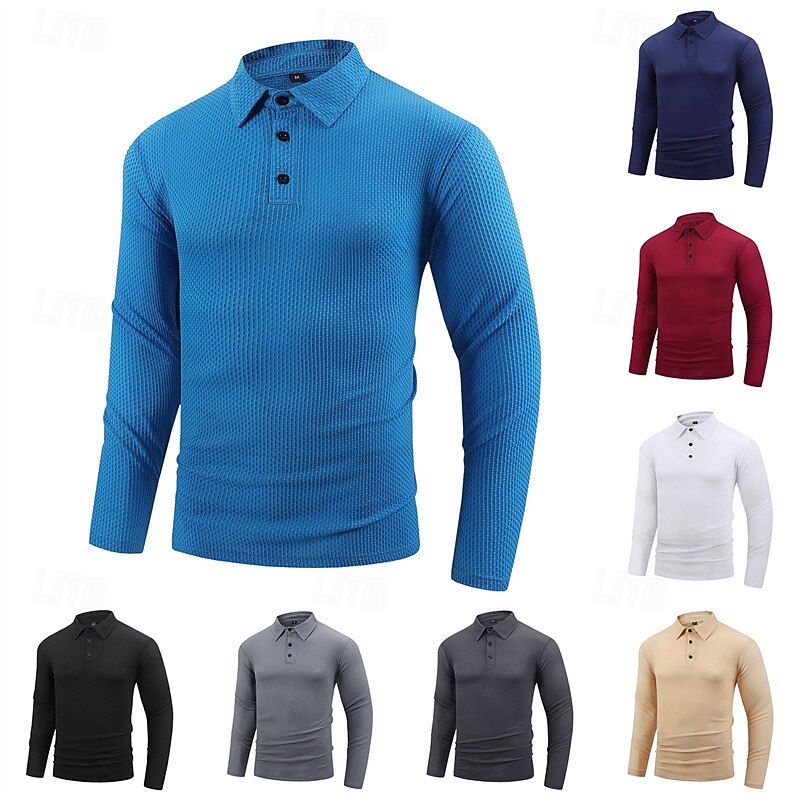 Men's Golf Shirt Golf Polo Work Casual Lapel Long Sleeve Basic Modern Plain Button Spring &  Fall Regular Fit Wine Black White Navy Blue Royal Blue Dark Gray Golf Shirt