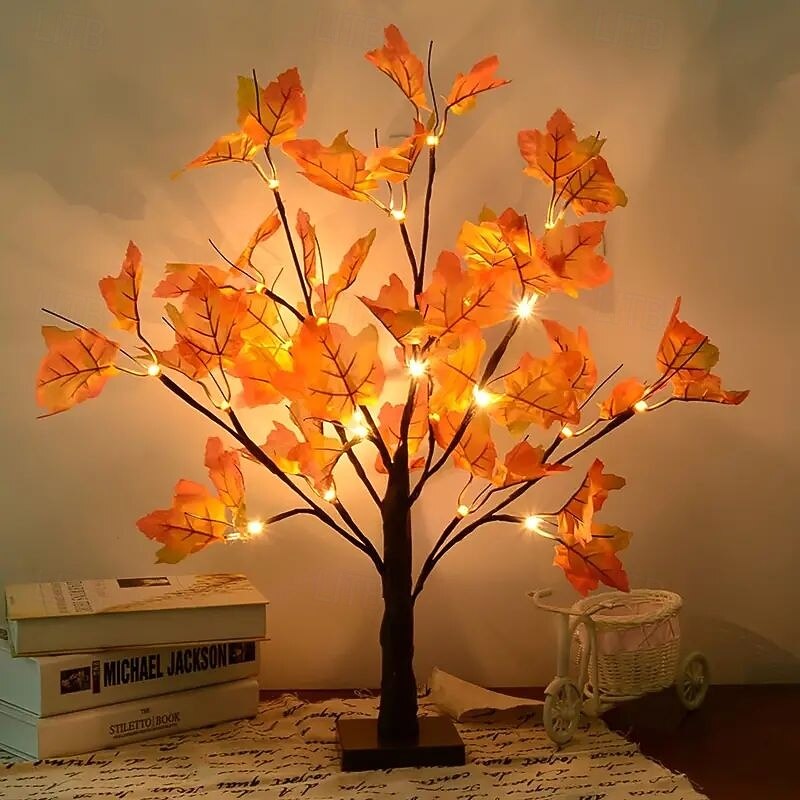 Thanksgiving Fall Maple Tree Lights 24LEDs Battery Powered Simulated Pumpkin Maple Leaf Lights for Holiday Home Parties Halloween Christmas Atmosphere Desktop Decoration (AA Batteries Excluded)2