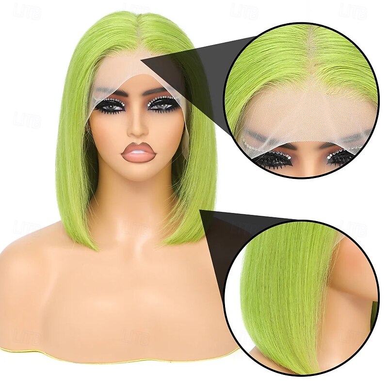 Rose Neon# Lace Front Bob Wigs Ombre Neon Green Side Part Simulated Scalp with Hand-Tied Lace Front Short Bob Human Hair Wig for Women Natural Hairline with Baby Hair Lemon Green Color2