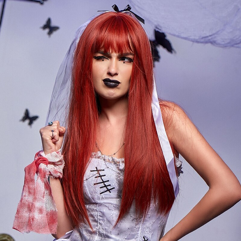 Synthetic Wig Uniforms Career Costumes Princess Straight kinky Straight Middle Part Layered Haircut Machine Made Wig 26 inch Ginger Synthetic Hair Women's Cosplay Party Fashion Orange2