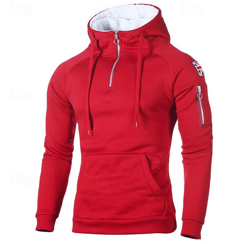 Men's Hoodie Polar Fleece Quarter Zip Hoodie Black Red Light Grey Dark Gray Hooded National Flag Pocket Sports & Outdoor Daily Holiday Streetwear Basic Casual Fall & Winter Clothing Apparel Hoodies 7