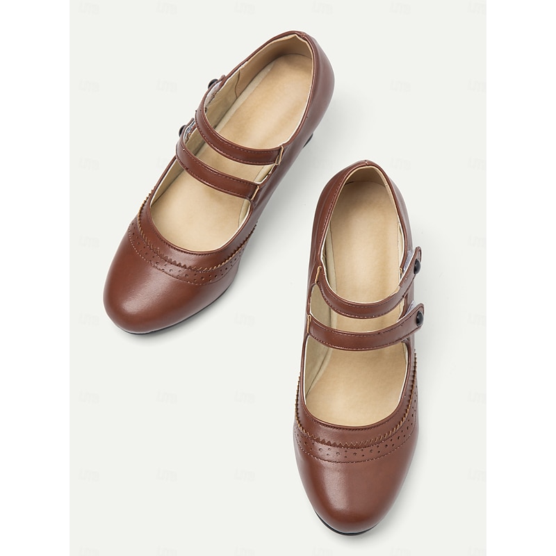 Women's Vintage Gatsby Brown Mary Jane Heels with Brogue Detailing, Comfortable Mid Heel Shoes for Retro-Inspired Outfits4