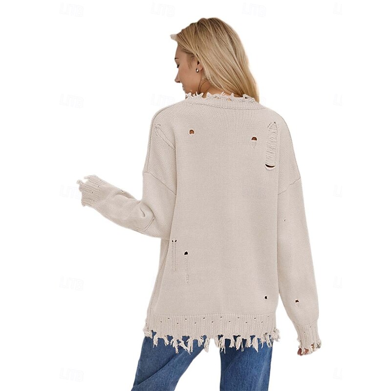 Women's Sweater Stylish Casual Solid Color Crew Neck Print Drop Shoulder Long Sleeve Long Tops Knit Daily Going out Navy Blue Beige Fall Winter2
