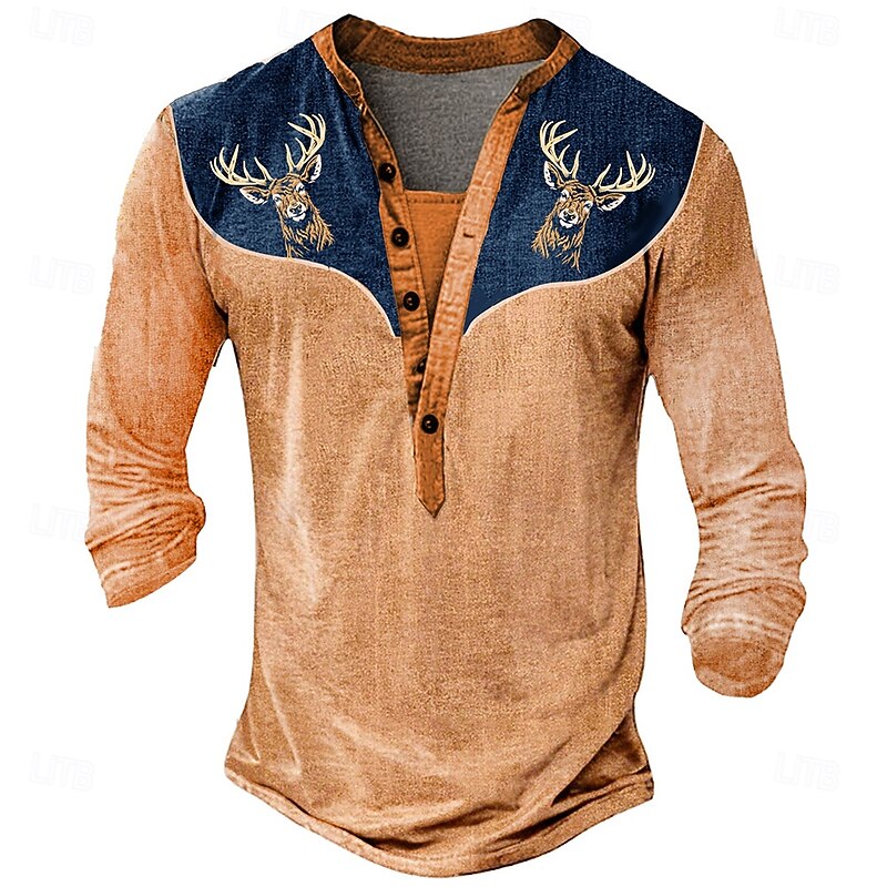 Men's Halloween Deer Henley Shirt Long Sleeve 3D Print Daily Ethnic Party Street Casual Winter Spring &  Fall Blue Orange Gray Henley Henley T-Shirt