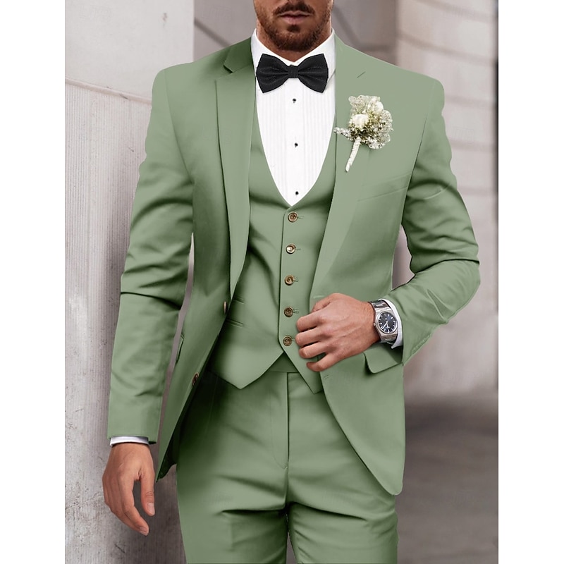 Men's Wedding Suits Notch Sage Dark Green Party Dress Solid Colored Tailored Fit 3 Piece Single Breasted Two-buttons