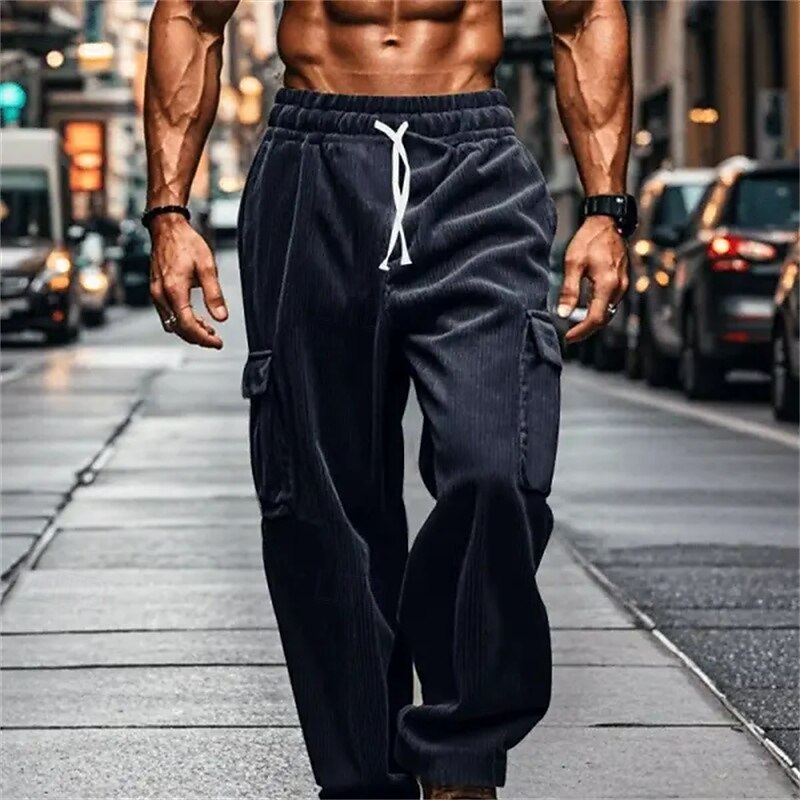 Men's Cargo Pants Corduroy Pants Trousers Baggy Pants Casual Pants Drawstring Elastic Waist Multi Pocket Plain Comfort Soft Full Length Outdoor Daily Going out Fashion Streetwear Navy Blue Brown3