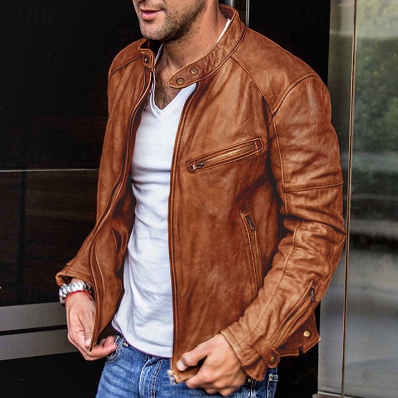 Men's Faux Leather Jacket Transition Jacket Biker Jacket Vintage Leather Jacket Vacation Daily Windproof Warm Pocket Fall & Winter Plain Fashion Classic Stand Collar Regular Faux Leather Black Yellow4