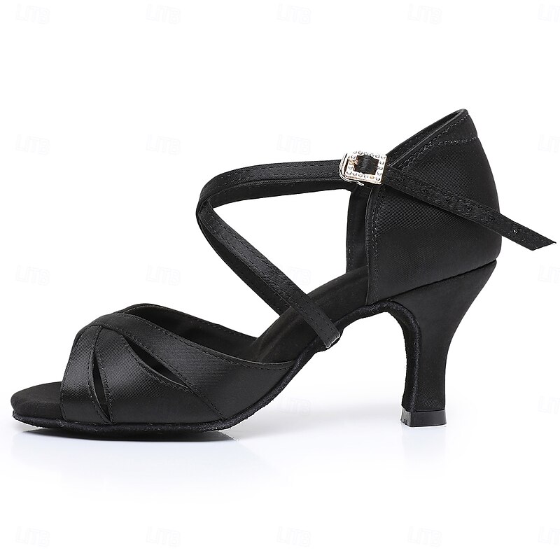 Women's Black Satin Cross-Strap Ballroom Dance Shoes with Rhinestone Buckle, Comfortable Heels for Latin and Salsa Dancing2