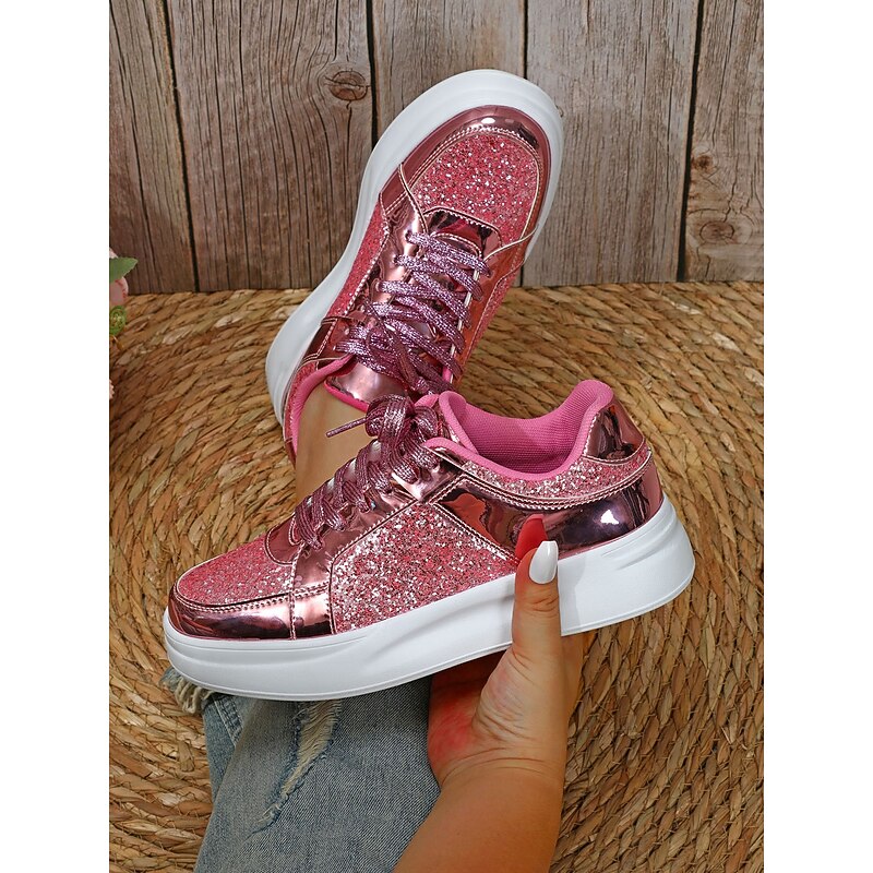 Women's Silver Glitter and Metallic Sneakers – Trendy Lace-Up Shoes for Parties and Casual Wear4