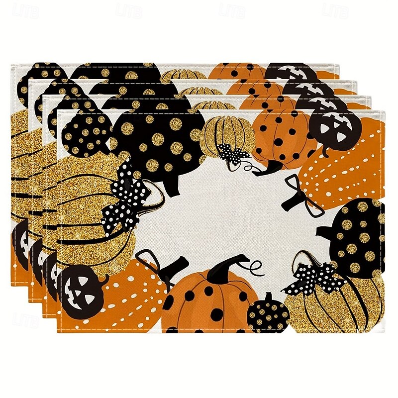 4 Pack Halloween Linen Placemats, Heat Resistant Table Mats for Kitchen Dining Table Decor, Spooky Party Table Setting Accessories