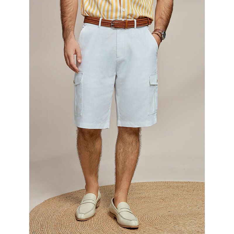 Men's Shorts Linen Shorts Summer Shorts Front Pocket Straight Leg Plain Comfort Breathable Knee Length Party Outdoor Casual Fashion Basic White3