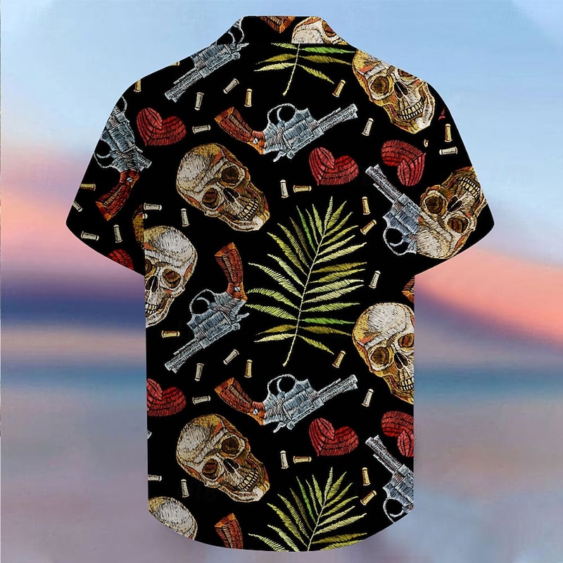 Men's Skull Tropical Flowers Summer Hawaiian Shirt Button Up Shirt Aloha Shirt Short Sleeve Shirt Collared Shirts Hawaiian Casual Vacation Party Evening Wear Daily Black S M L2