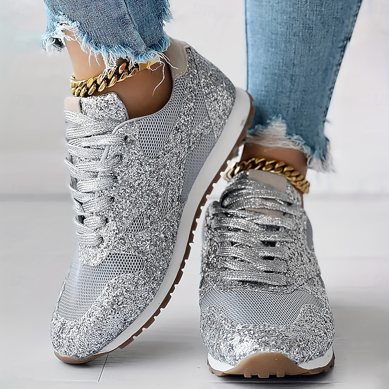 Women's Silver Glitter Sneakers Mesh Lace-Up with Comfortable Sole4
