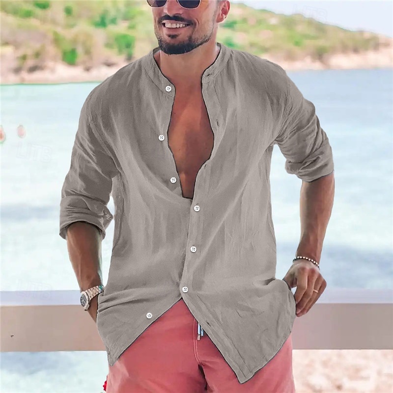 Men's Shirt Band Collar Shirt Popover Shirt Summer Shirt Beach Wear Button Up Shirt Plain Vacation Curise Black White Pink Green Long Sleeve Band Collar Spring & Summer Clothing Apparel