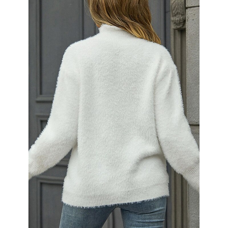 Women's Sweater Fashion Stylish Work Solid Color Fuzzy Crew Neck Crewneck Long Sleeve Regular Tops Knit Outdoor Work Daily Black White Fall Winter2