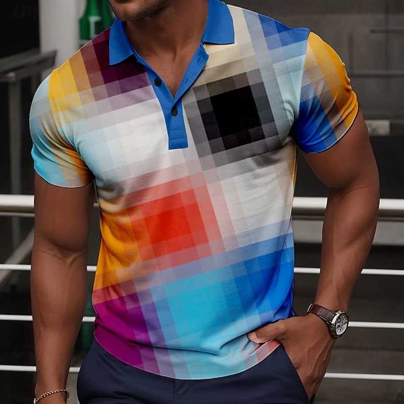 Men's Plaid Golf Shirt Short Sleeve Polo Shirts Collared Shirts Vintage Casual Vacation Wear Formal Wear Festival Wear Buttons 3D Print Summer Black Blue Orange3
