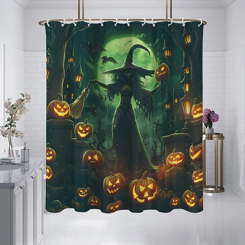 Halloween Shower Curtain Jack-O'-Lantern and Witch Design - Scarecrow Pumpkin Party Decor, Waterproof Polyester Fabric, Machine Washable, 12 Hooks Included for Bathtub or Bathroom Decoration4