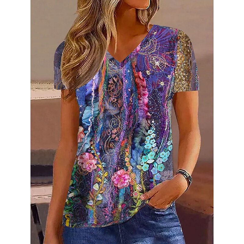 Women's Tunic T Shirt Fashion Casual Print Short Sleeve Regular Tops V Neck Daily Purple Spring Fall
