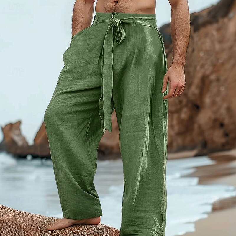 Men's Linen Pants Trousers Summer Pants Drawstring Elastic Waist Straight Leg Plain Comfort Breathable Full Length Outdoor Daily Beach Fashion Streetwear Loose Fit Black White Micro-elastic2