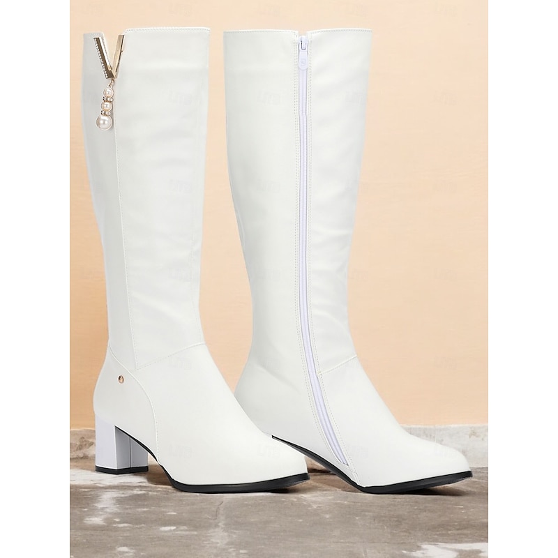 Women's White Knee-High Boots with Pearl Detailing - Elegant Footwear for Winter, Office, and Special Occasions4