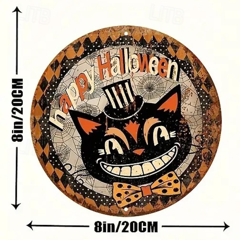1pc Happy Halloween Quirky Black Cat Wreath Sign Round Decor For Home, Kitchen, Garden & Office4