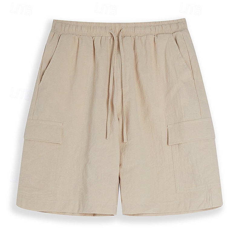 Men's Cargo Shorts Shorts Linen Shorts Summer Shorts Drawstring Elastic Waist Multi Pocket Plain Comfort Breathable Short Casual Daily Holiday Fashion Classic Style Black White2