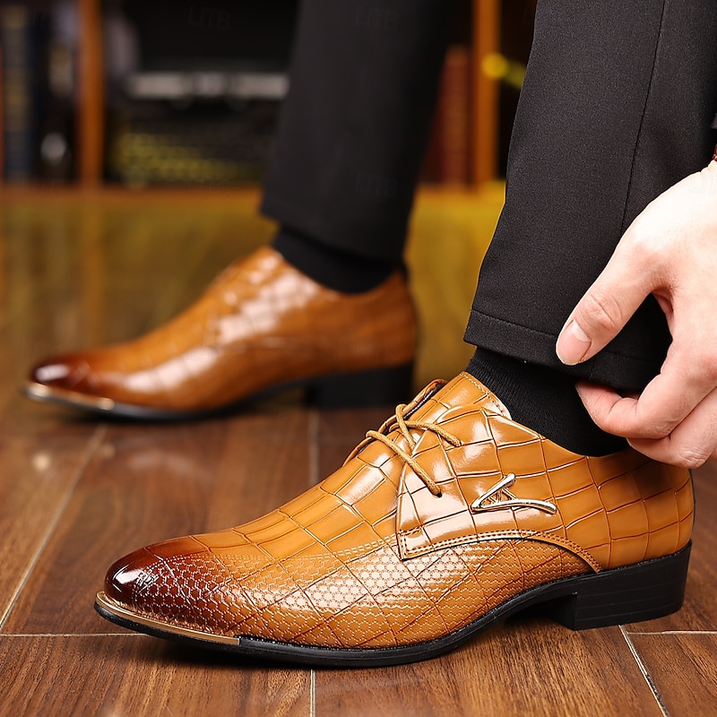 Men's Brown Crocodile Pattern Faux Leather Oxford Shoes - Elegant Lace-Up Dress Shoes for Formal and Business Wear2