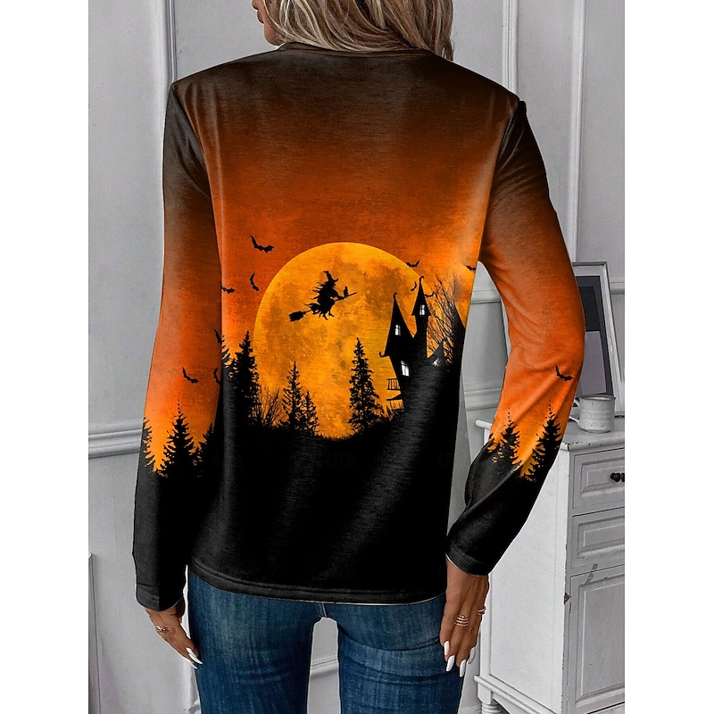 Halloween Women's T shirt Witch Long Sleeve Crew Neck Long Sleeve Tunic Tee Daily Casual Orange Spring Fall Prefall2