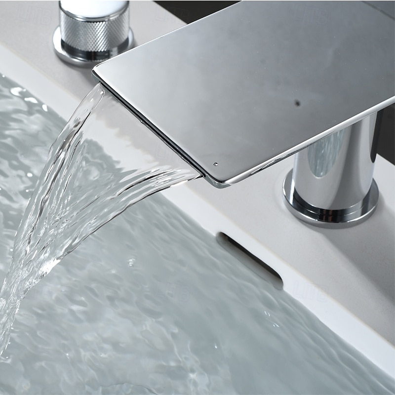 Bathroom Sink Faucet - Waterfall Electroplated Mount Outside Single Handle Three HolesBath Taps4