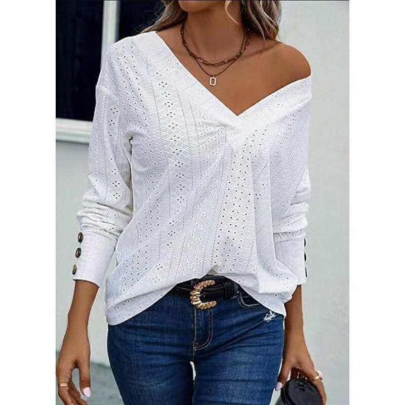 Women's Blouse Elegant Stylish Modern Hollow Out Long Sleeve Regular Tops V Neck Work Daily Black White Pink Brown Spring Fall Winter4