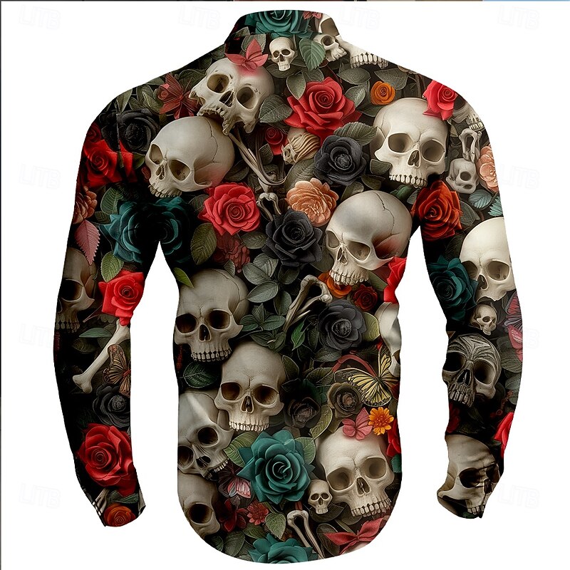 Men's Skull Halloween Costumes Day of the Dead Button Up Shirt Long Sleeve Horror Vacation Party Evening Wear Daily Summer Spring &  Fall Grandad Collar Band Collar 3D Print Red2