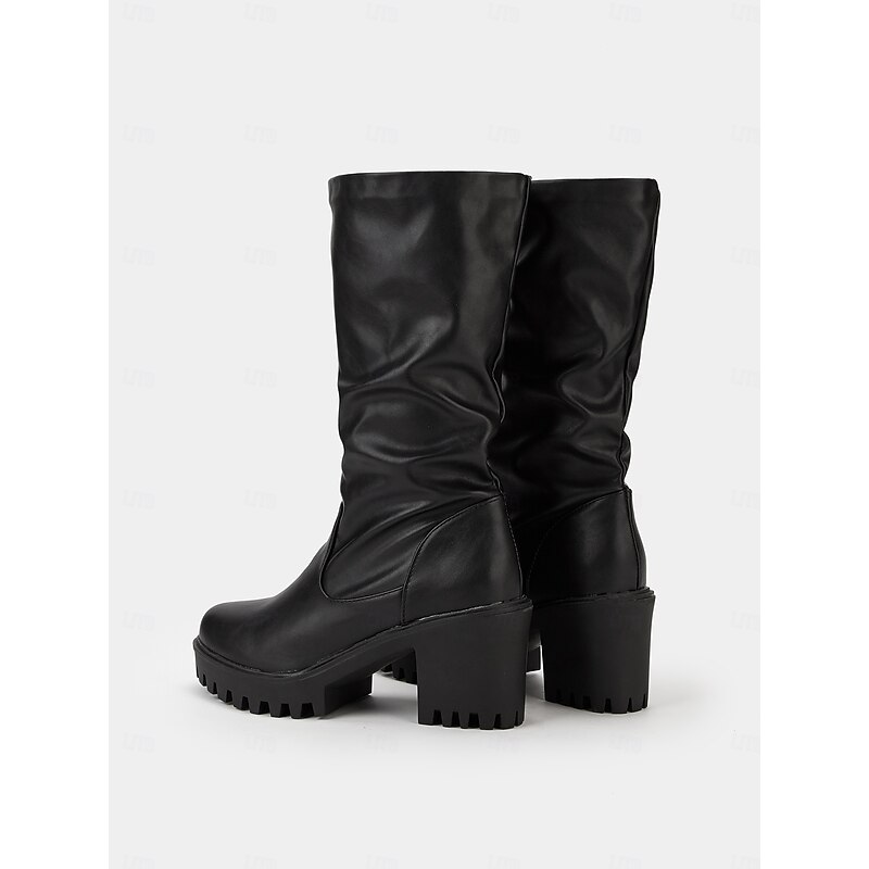Women's Black Chunky Heel Slouchy Boots with Lug Sole – Retro Faux Leather Mid-Calf Boots for Fall and Winter4