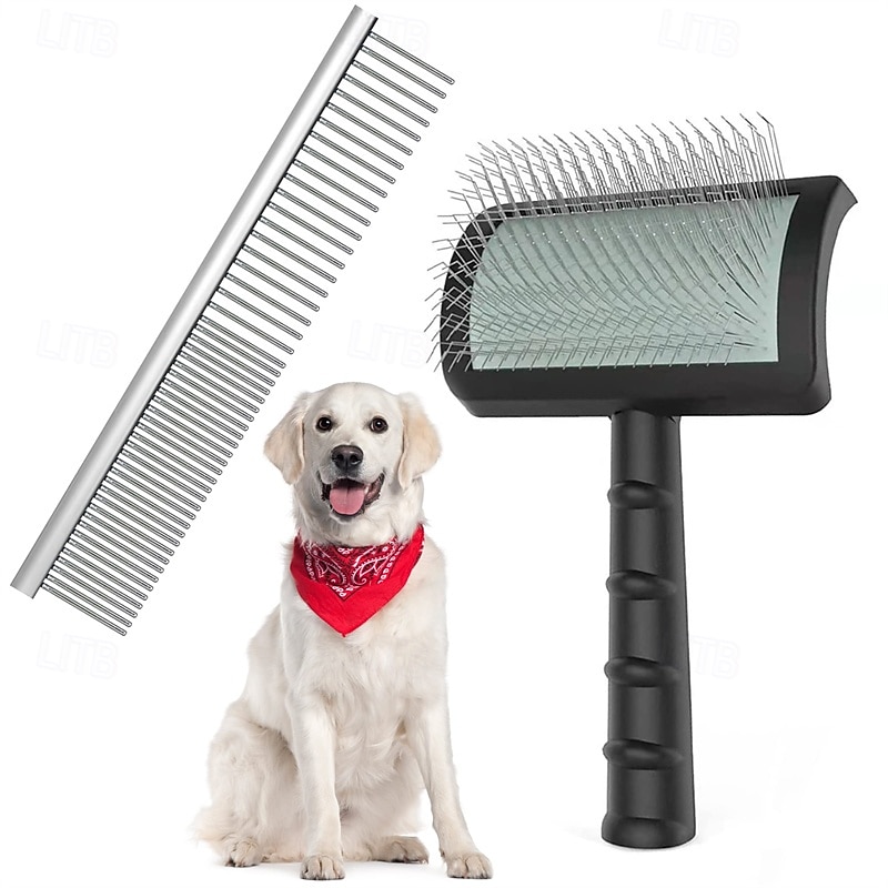 Large Firm Slicker Brush & Pet Comb Value KitExtra Long Pin Slicker Brush for Dogs GoldendoodlesLarge Dog Pet Grooming Wire Brush and DesheddingRemoves Long and loose Hair & Undercoat