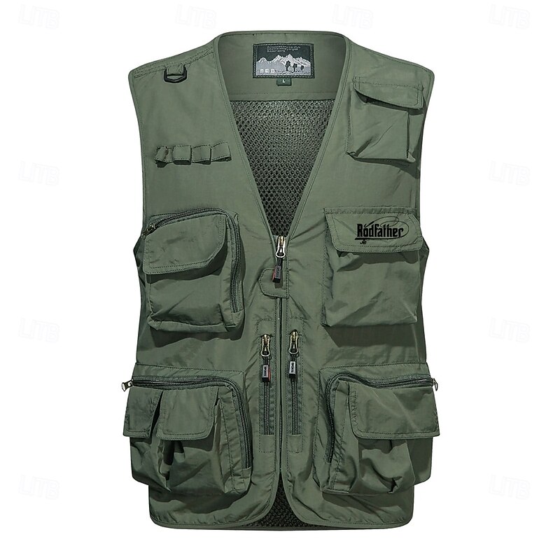 Men's Letter Printed Vest Waistcoat Gilet Tactical Practical Removable Casual Sports Outdoor Fishing Photography Side Pockets Quick Dry Mesh Fall Winter Collarless Sleeveless khaki Army Green Dark2