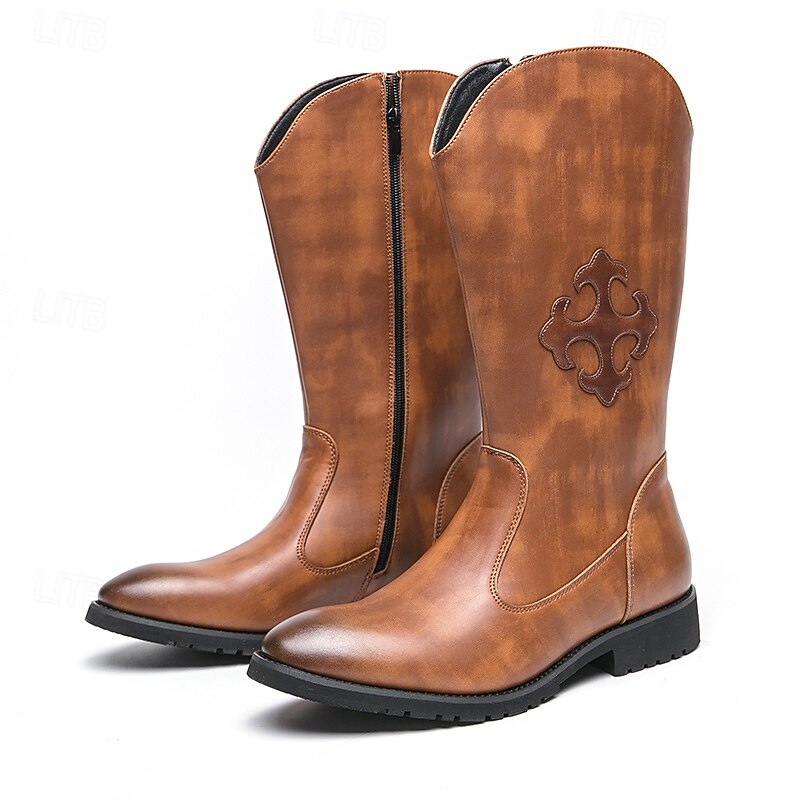 Men's Brown Western Cowboy Boots with Embossed Design and Side Zipper, Perfect for Outdoor and Casual Wear2