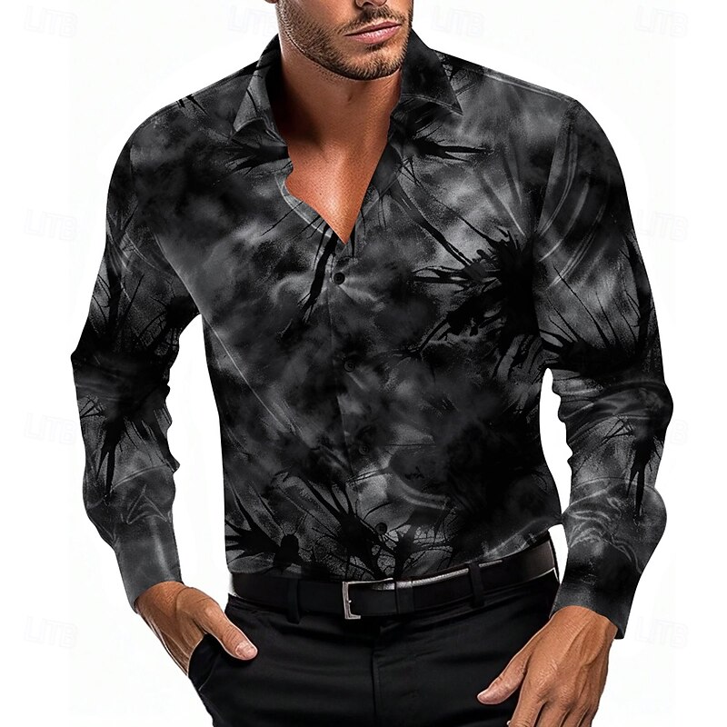 Men's Satin Shirt Button Up Shirt Tie Dye Vacation Party Evening Wear Black Blue Purple Long Sleeve Collared Shirts Summer Spring Clothing Apparel Button Up